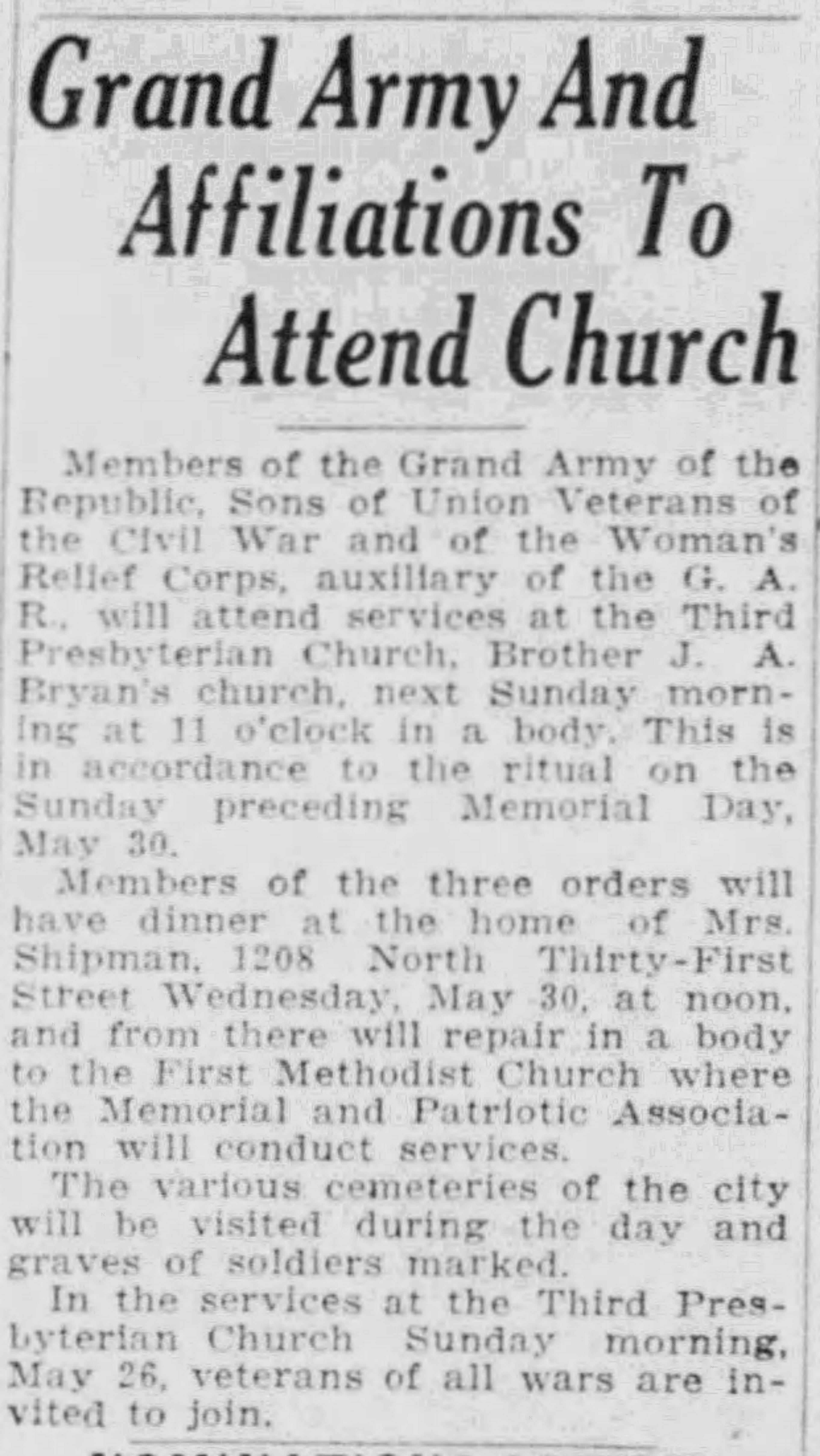 Grand Army And Affiliations To Attend Church